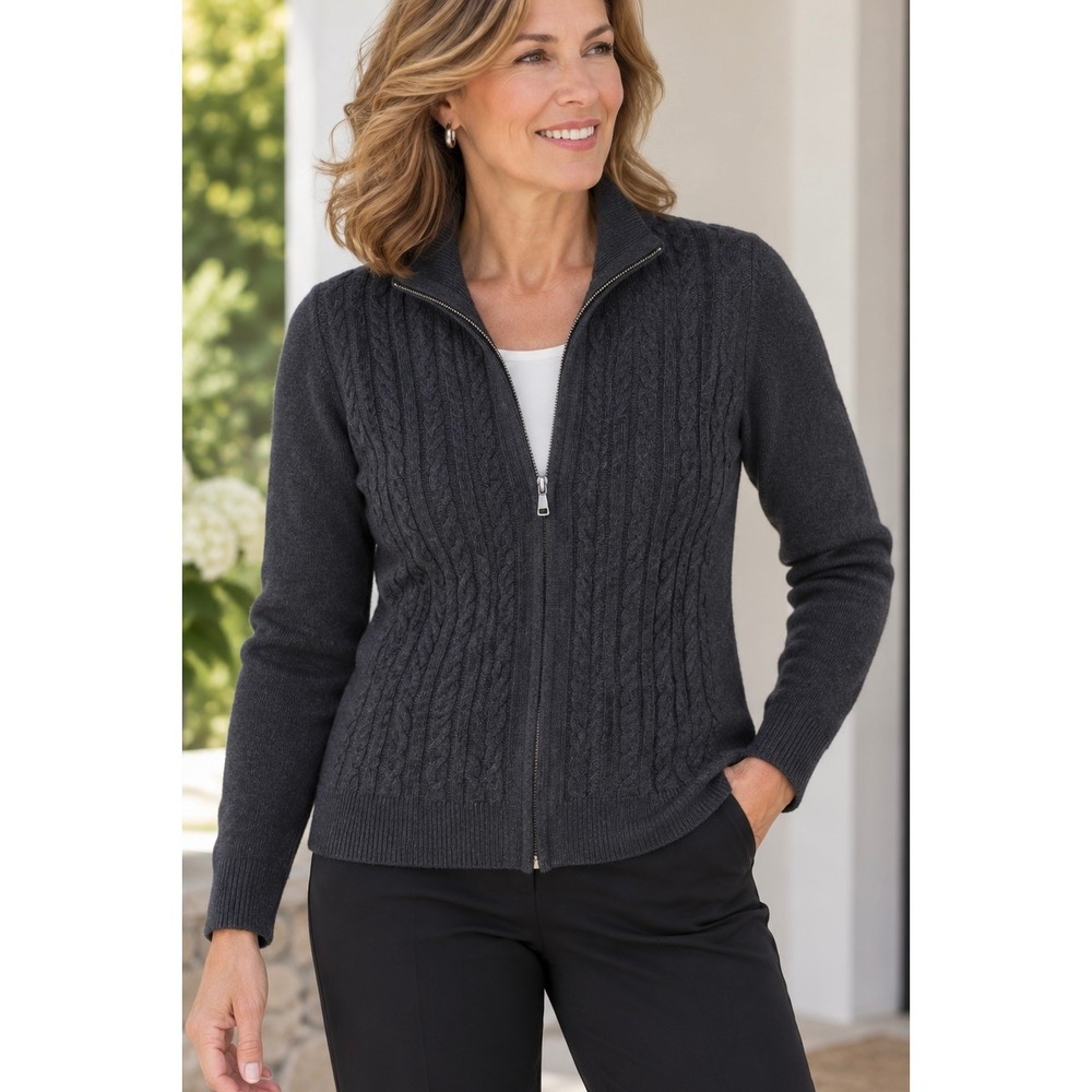 Talbots Gray Cable Knit Full Zip Cardigan Sweater Size MP Petites Mock Neck